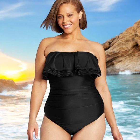 Kona Sol Jet Black Crochet Flounce Bandeau One-Piece Swimsuit - Picture 6 of 16